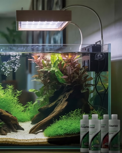 A high-clarity product shot showing an aquarium setup alongside a bundle of plant growth supplements, emphasizing a clean and professional aesthetic.